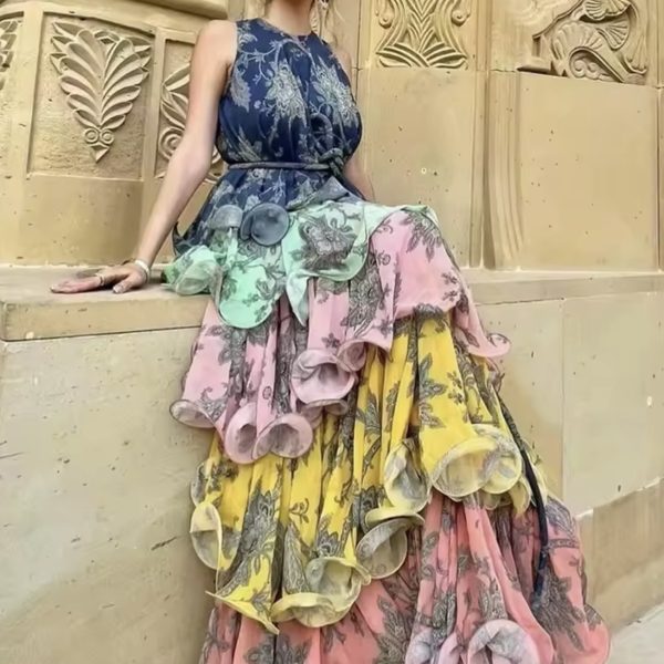 Ruffle chiffon colorful dress